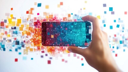 Poster - Hand holding a phone with colorful digital data