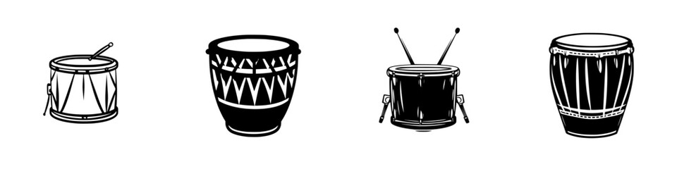 Poster - Vector illustration of various drum types in black and white styles for music enthusiasts and designers alike