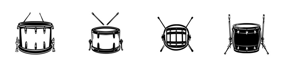 Poster - Illustration of four distinct snare drums featuring various designs and perspectives in black and white vector style