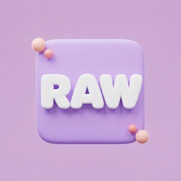 Minimalist depiction of the word 'RAW' rendered in 3D against a soft purple backdrop
