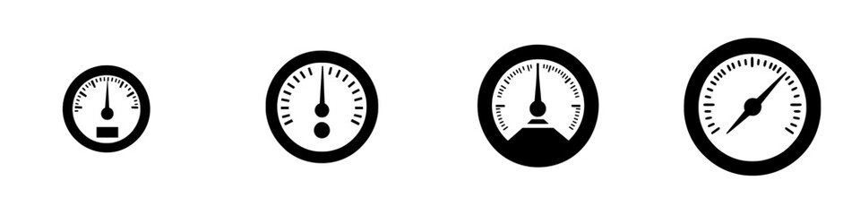 Poster - Vector illustration of four black and white gauge icons displaying various measurement levels and designs