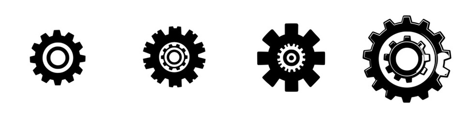 Poster - Various black and white vector illustrations of gears representing mechanical components and engineering
