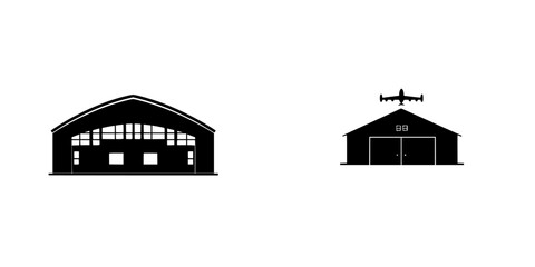 Poster - Vector illustration of black and white hangars with an aircraft silhouette above in a minimalist style