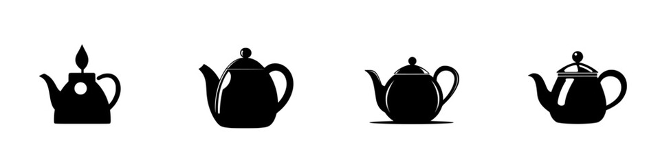Poster - Vector illustration of four black and white teapots in various designs and shapes suitable for culinary and artistic use