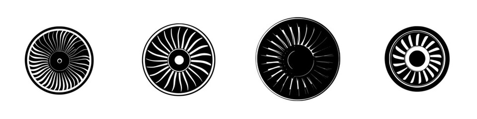 Poster - Detailed vector illustration of four black and white turbine icons showcasing various designs and styles for engineering applications