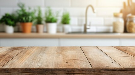 Poster - Empty wooden table in a cozy rustic kitchen setting with blurred background