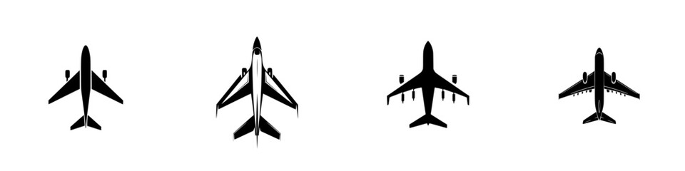 Poster - Vector illustration of black and white airplane icons depicting various flight perspectives and designs
