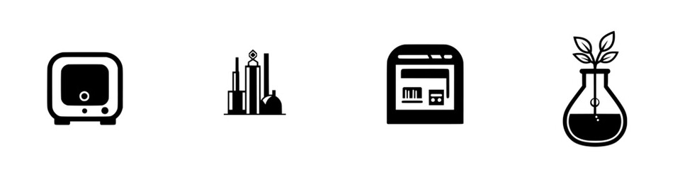 Poster - Vector illustration icon set featuring laboratory equipment, industrial buildings, and transportation elements in black and white color scheme