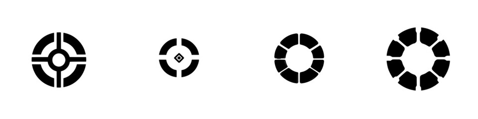 Poster - Black and white vector illustration of abstract circular icons representing various symbols or concepts