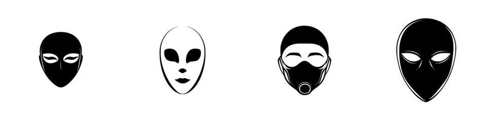 Poster - Set of alien and masked face icons in black and white vector illustration for diverse design applications