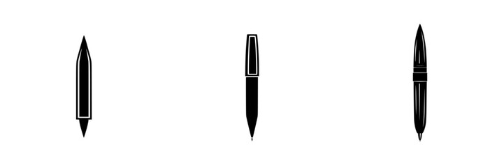 Poster - Variety of black and white vector icons illustrating different styles of pens suitable for graphic design and digital applications
