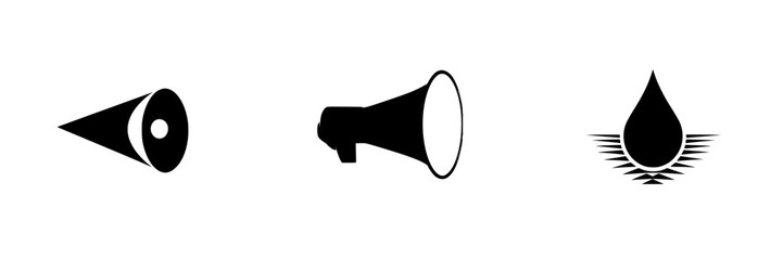 Poster - Vector illustration of classic graphic icons showcasing a horn, a megaphone, and a droplet design in black and white format