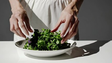 Poster - Female chef delicately arranges a small portion of fresh microgreens on a pristine white plate, set against a minimalist gray backdrop, creating a visually appealing culinary scene