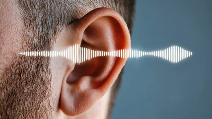 Poster - Sound waves illuminating inner ear anatomy, visualizing auditory perception through vibrant light and dynamic waveform representing human hearing process