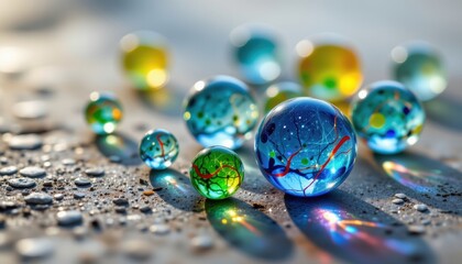Poster - glass art exquisite glass marbles on a textured surface, reflecting soft, ambient light.