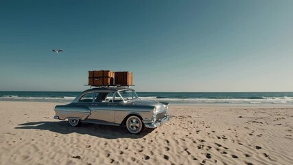 Poster - Classic chrome car with luggage on roof parked on a beautiful sandy beach with ocean waves in background, evoking feelings of travel, adventure, and summer vacation
