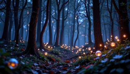 Poster - mystical ethereal droplets glowing in a dark, enchanted forest, reflecting starlit skies.