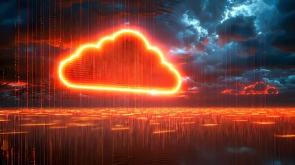 Poster - Futuristic red cloud computing data visualization set against a moody digital storm background
