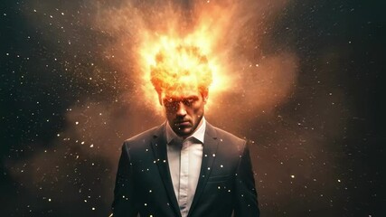 Poster - Businessman's head enveloped in intense heat and swirling smoke, powerfully visualizing overwhelming professional stress, mental exhaustion, and information overload