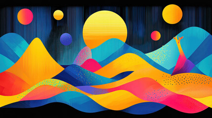 Leinwandbilder - Dynamic antelope illustration amidst abstract hills and floating orbs, radiating vibrant colors with central copy space creating artistic depth and visual harmony.