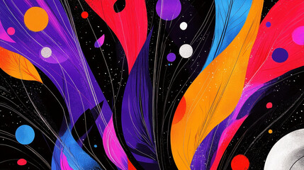 Poster - Vibrant abstract illustration showcasing colorful feather-like shapes and circles against a dark backdrop, offe a mesmerizing aesthetic and copy space.