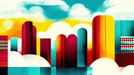 Poster - Vivid illustration of abstract building shapes resembling a cat climbing structure under a whical sky offe ample copy space for creative design work.