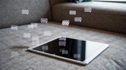 Poster - Email message icons accumulating above a digital tablet lying on a sofa, symbolizing increasing online communication and potential notification overload