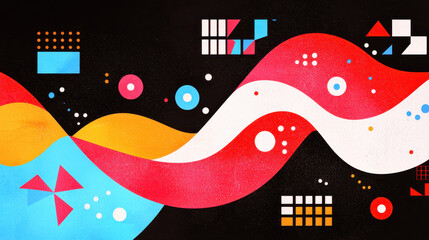 Poster - Artistic illustration presents a wave of vibrant colors with geometric patterns, offe copy space and evoking fur-like textures on a dark background artfully.