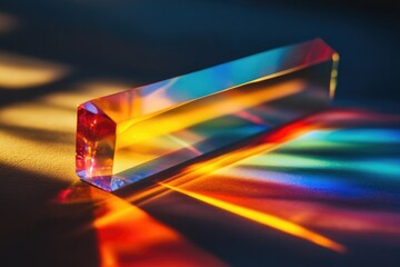 a glass prism refracts light, creating vibrant rainbow colors and stunning shadows.