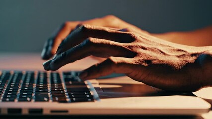 Aufkleber - Professional programmer typing rapidly on laptop keyboard during late night work session, illuminated by soft digital glow in dimly lit office environment