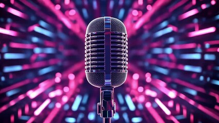 Poster - Gleaming vintage microphone resting on rustic wooden stage, positioned against shadowy dark backdrop, awaiting potential performance moments of musical, comedy, or speaking engagement