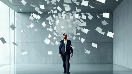 Poster - Confident businessman in a suit walks through a minimalist gray office with papers flying all around him, suggesting a busy and chaotic work environment