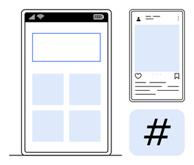 Poster - Smartphones with grid layout, social media post template, and metadata tag. Ideal for social media, content creation, digital marketing, branding, app design, communication simple landing page