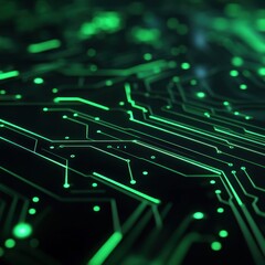 Fototapete - Glowing green circuit board, technology background