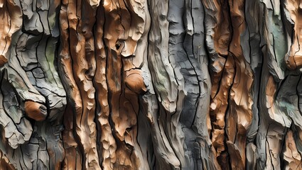 Aufkleber - close-up of a textured tree bark, highlighting the intricate details and natural patterns. The bark shows a mix of colors and textures, with rough and weathered surfaces