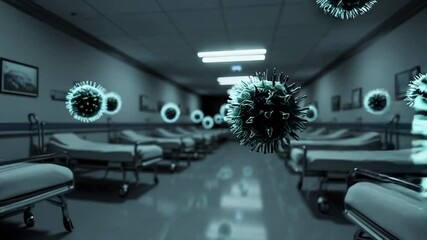 Aufkleber - Microscopic view of viruses floating through a dim hospital ward filled with empty beds, suggesting the potential for infection and the need for preventive measures