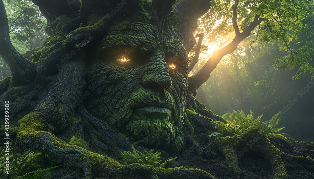 Ancient tree spirit with glowing eyes, mystical forest scene. Fantasy ...