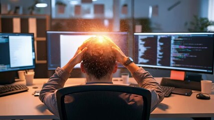 Aufkleber - Exhausted programmer having a headache from overworking, touching his head with hands while sitting at desk in office at night, special effect added
