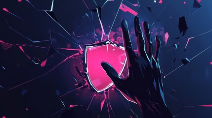 Poster - Abstract vector background of cyber scam, digital hand reaching for personal data through broken shield icon, hacker theme
