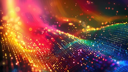 Poster - This vibrant abstract image showcases a wave of colorful dots and lines, creating a mesmerizing visual effect. Perfect for digital art and design projects, this artwork exudes dynamic energy and