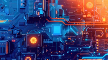 Fototapete - An eye-catching abstract design featuring a gradient of blue and light orange, showcasing intricate circuit patterns and vibrant technology elements. Perfect for backgrounds.