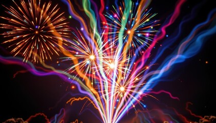Poster - fireworks display explosive bursts of color and light beams flowing outward, mimicking a fireworks show.