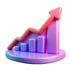 Aufkleber - Bar graph icon with an upward arrow in vibrant neon holographic style. Isolated plastic 3D icon.