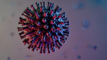 Aufkleber - Microscopic view shows a coronavirus rotating slightly, with other blurry particles floating in the background, isolated on a white background