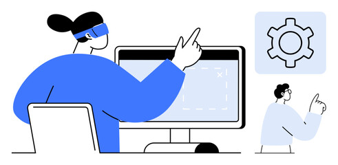 Poster - two individuals engaging in a tech-focused workspace. display highlights gear icon for setup. ideal 