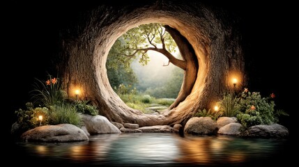 Wall Mural - A magical tree tunnel opens onto a serene landscape, illuminated by lanterns, with water and lush greenery creating an enchanting, dreamlike scene.