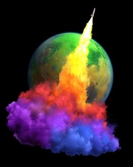 Wall Mural - A vibrant rocket launches from Earth, leaving a trail of colorful smoke against a dark background.