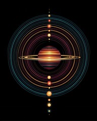Wall Mural - A stylized, colorful illustration of a planet with rings and concentric orbits, featuring multiple celestial bodies against a black background.