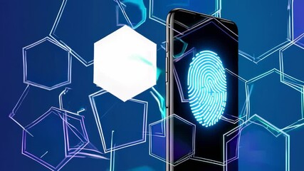 Aufkleber - Glowing fingerprint unlocking smartphone in futuristic digital environment with hexagonal shapes, ensuring secure access and advanced cybersecurity measures