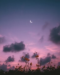 Wall Mural - a crescent moon hangs in a vibrant purple sky at dusk, with silhouetted flowers and clouds creating 